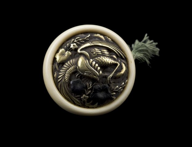 Gold and Ivory Kagamibuta with Ho (Phoenix) Bird