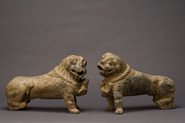 Pair of Grey Schist Lions with Attendants