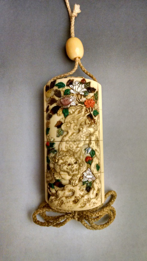 Ivory Three Case Inrō with Shishi and Peony