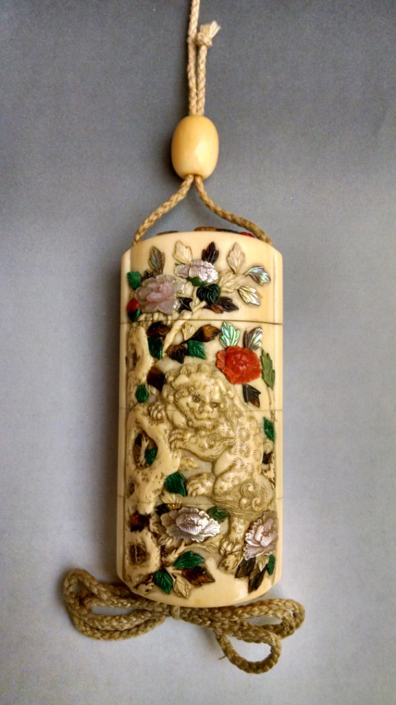 Ivory Three Case Inrō with Shishi and Peony