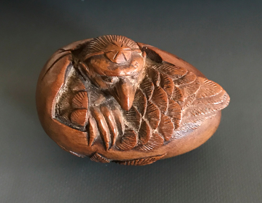 Boxwood netsuke of a tengu no tamago (hatching tengu)