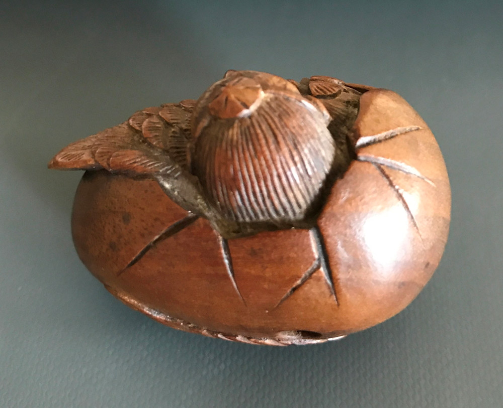 Boxwood netsuke of a tengu no tamago (hatching tengu)