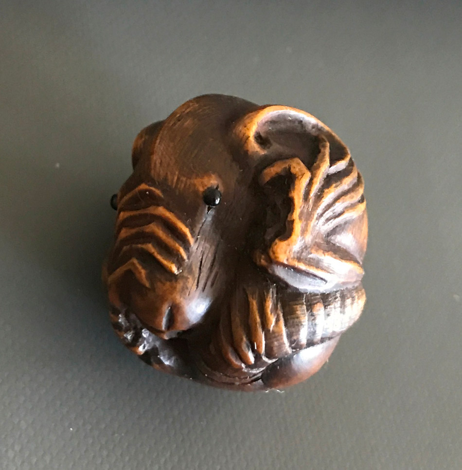 Wood netsuke of a coiled rat