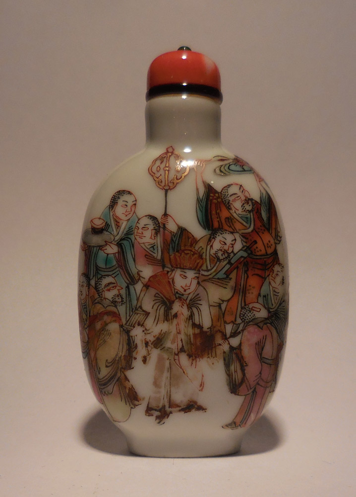 Porcelain Snuff Bottle decorated with the 18 Lohan
