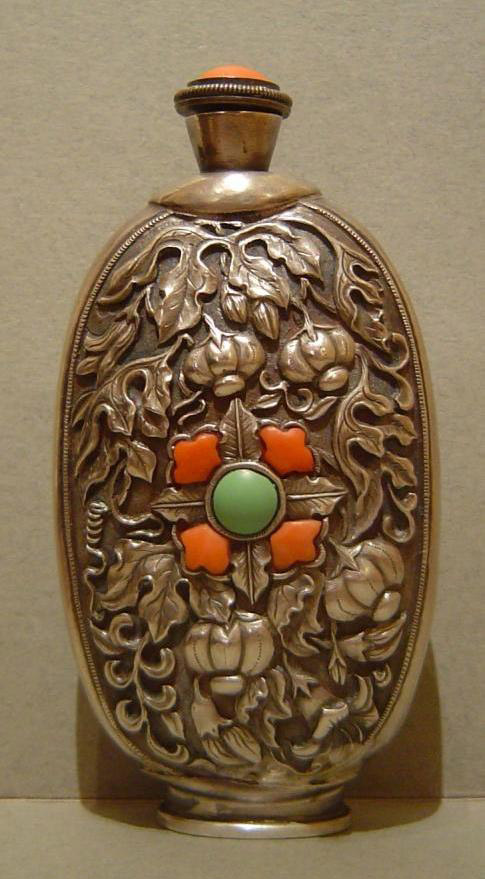 Mongolian silver and jade snuff bottle set with turquoise and coral details