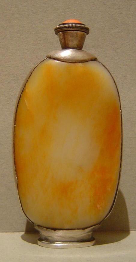 Mongolian silver and jade snuff bottle set with turquoise and coral details