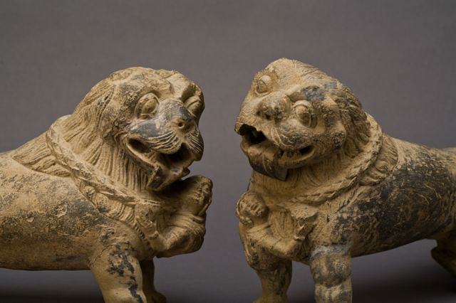 Pair of Grey Schist Lions with Attendants